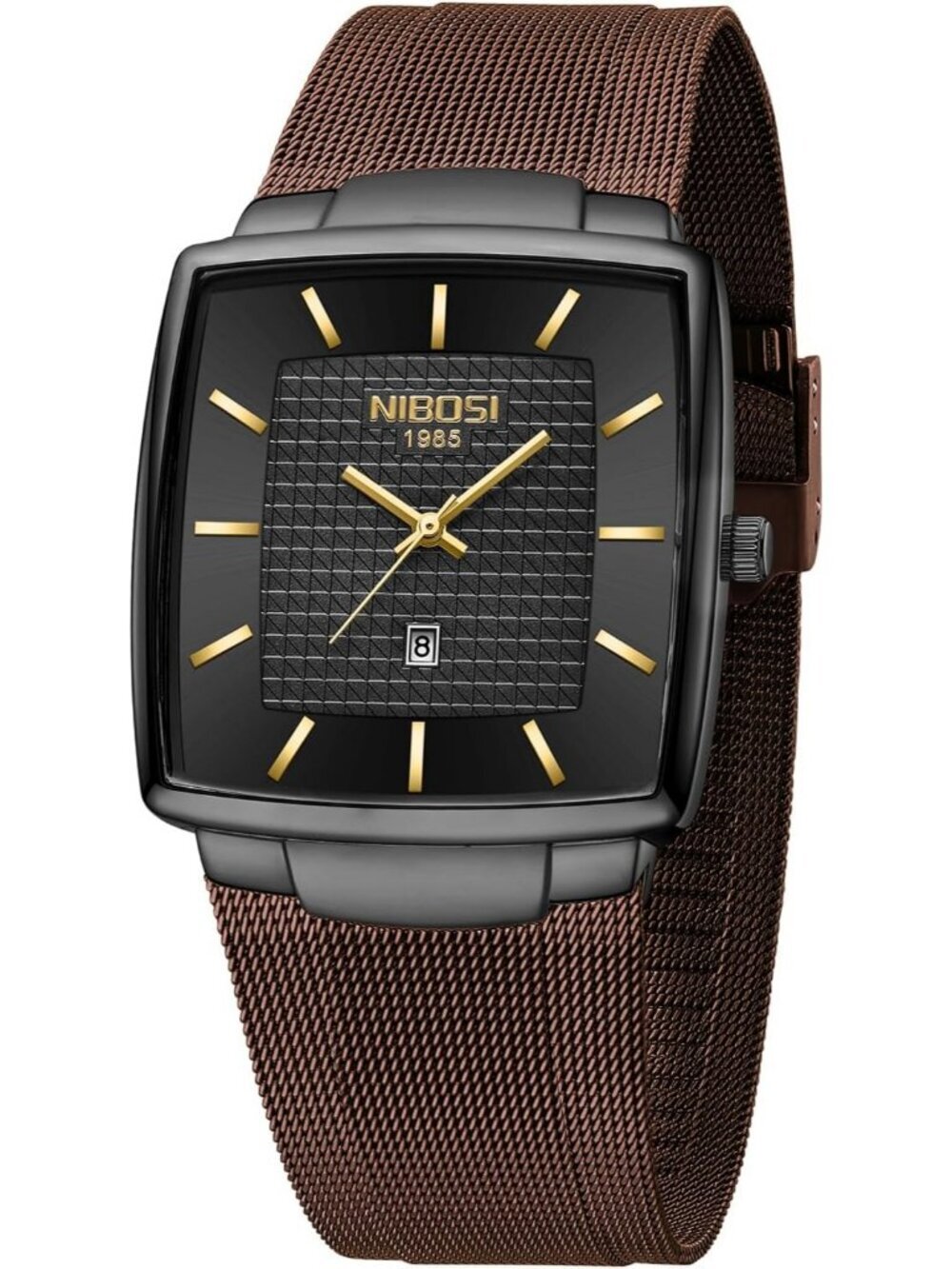 Nibosi Men's Brown Black Square Analog Mash Quartz Hook Buckle Waterproof Watch